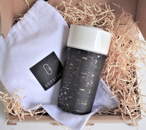 Cupalors - Tasse de voyage - Cuir de liege - Noir Or - packaging gobelets recyclés